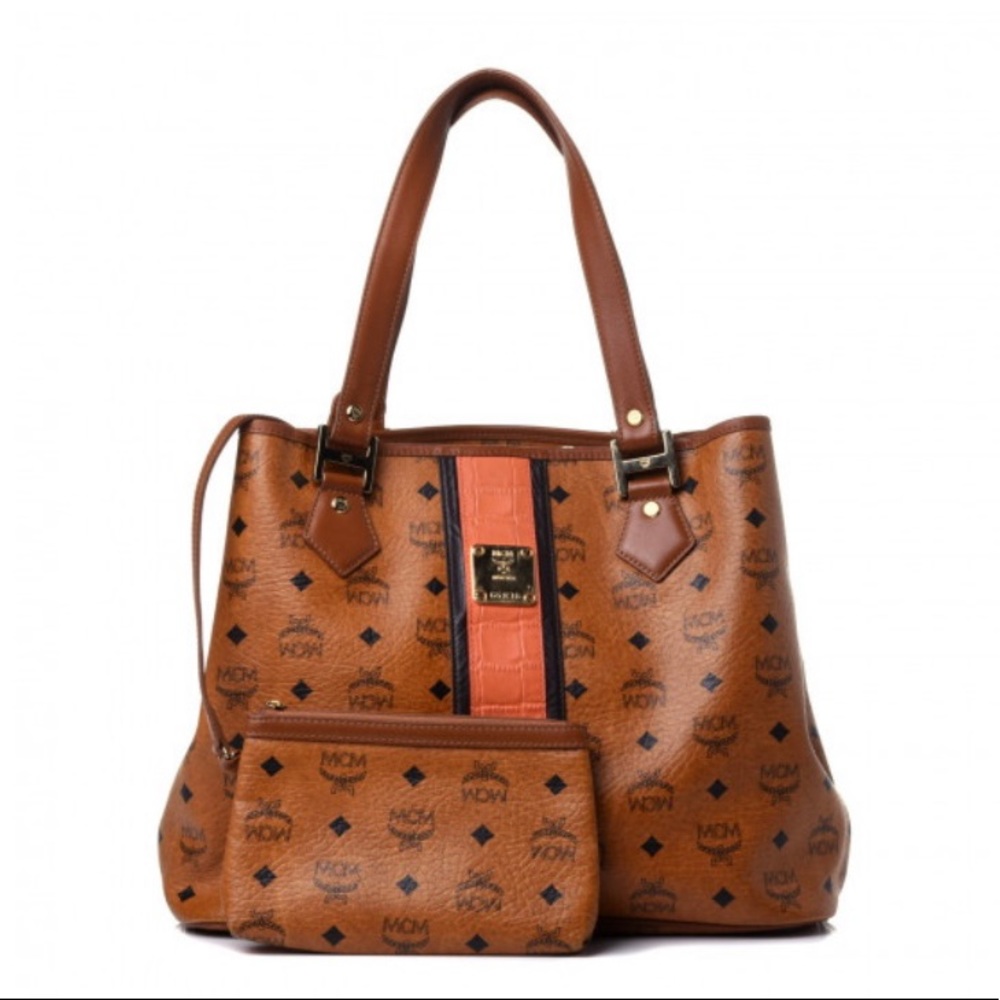 Authentic MCM Visetos Crocodile Embossed Shopper Tote in Cognac